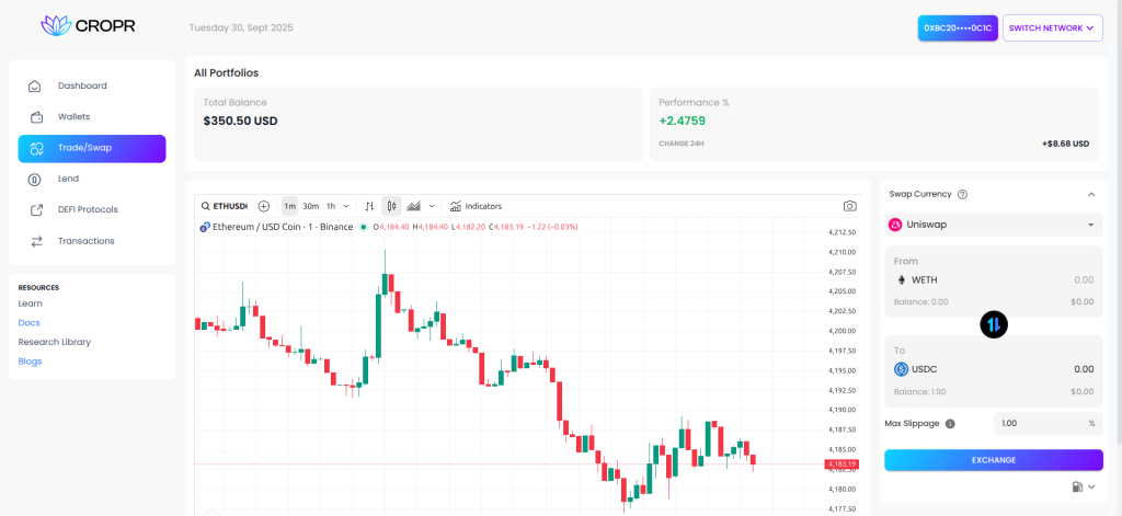 Trade swap in Cropr Dashboard – Slippage Tolerance Explained: Best Settings for Fast and Safe DeFi Swaps